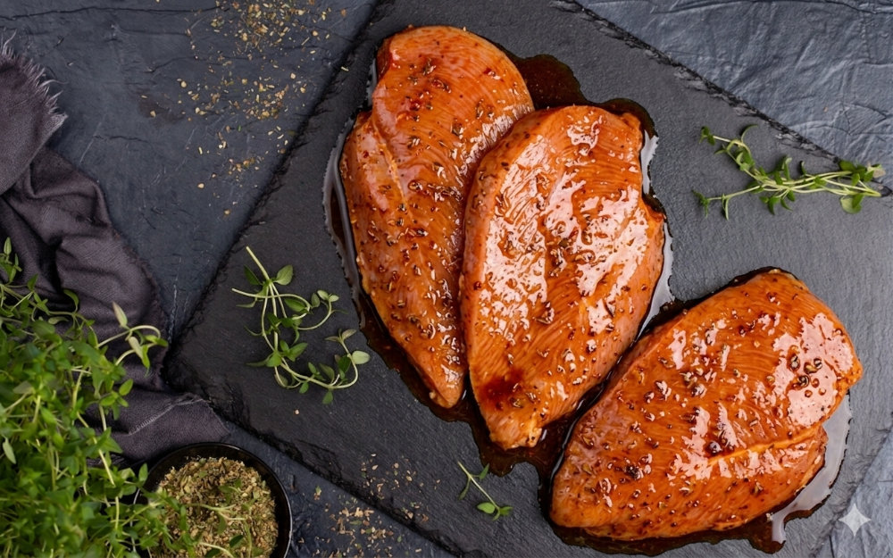 detail Sliced marinated turkey breast
