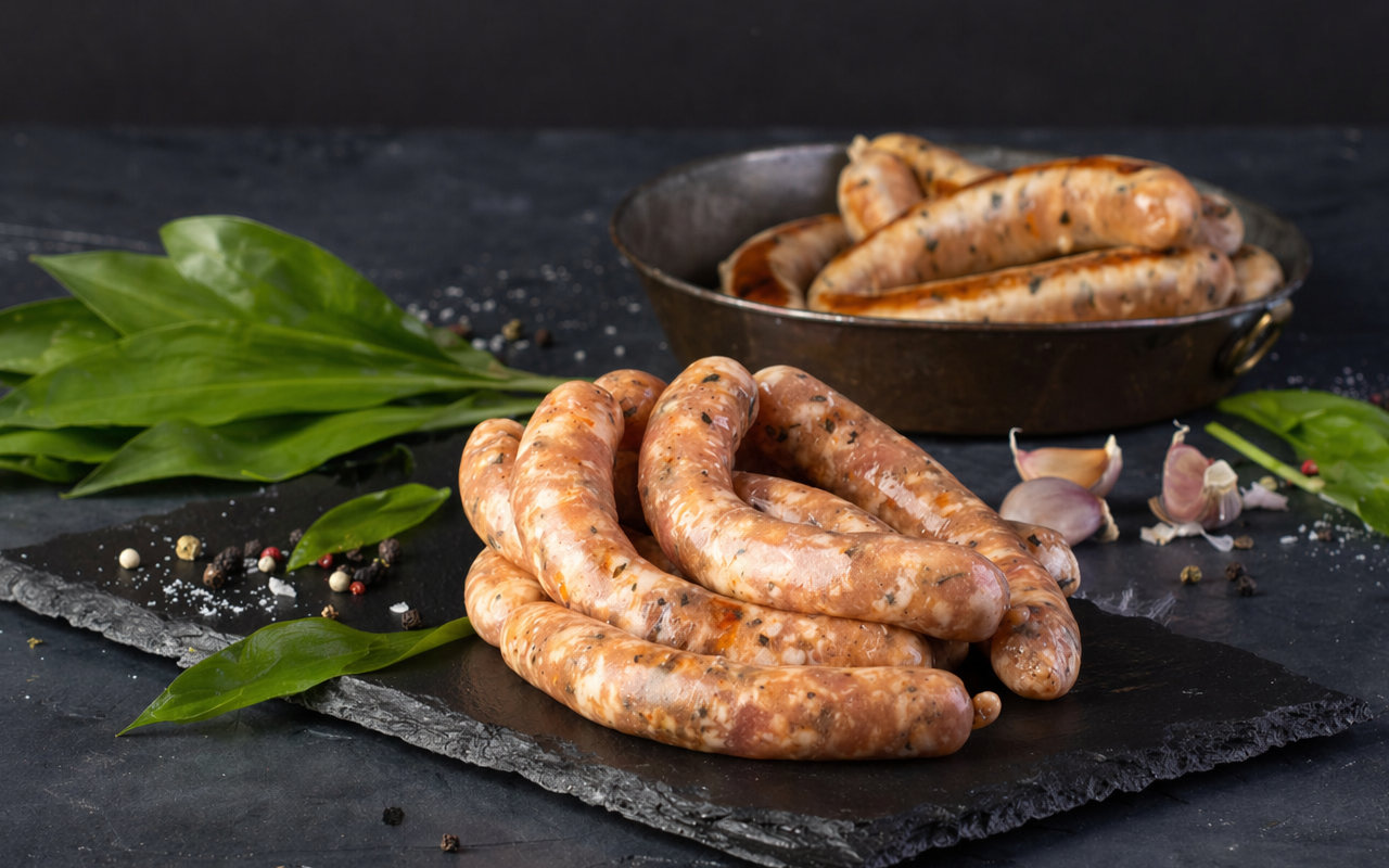 detail Grilling sausage with wild garlic 